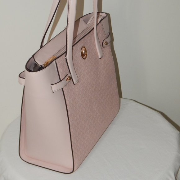 NWT $498 MICHAEL KORS CARMEN MK Monogram LARGE TZ DK PWDR BLSH Tote Shoulder BAG - Picture 5 of 11